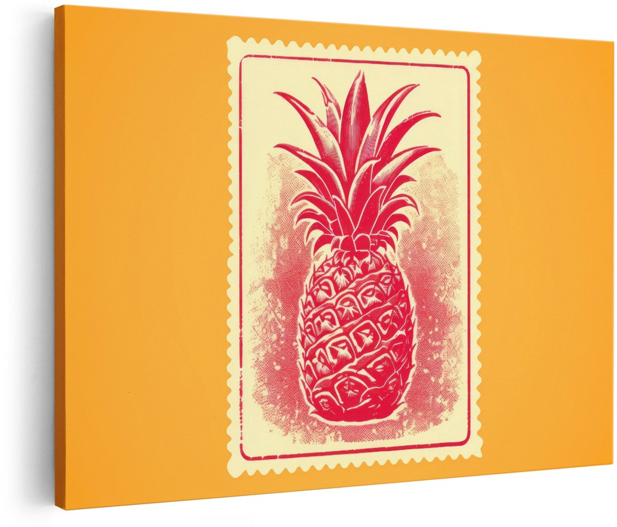 Artaza Canvas Schilderij Ananas - 150x100 cm - Groot - Wanddecoratie Vintage Postzegel - Muurdecoratie Retro Fruit - Decoratie Keuken Rood