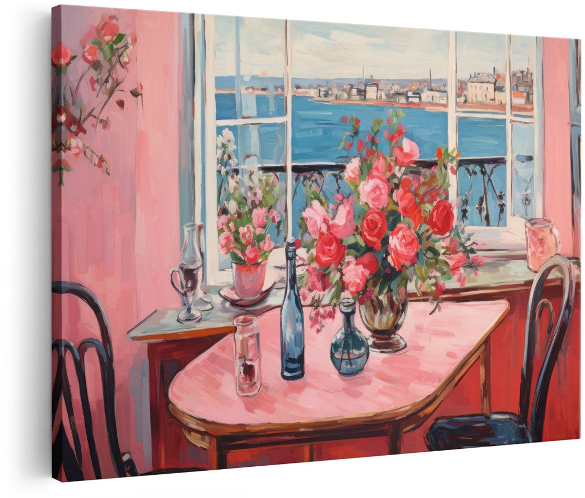 Artaza Canvas Schilderij Stilleven Bloemen - 150x100 cm - Groot - Wanddecoratie Rozen - Muurdecoratie Zee Uitzicht - Decoratie Woonkamer - Roze