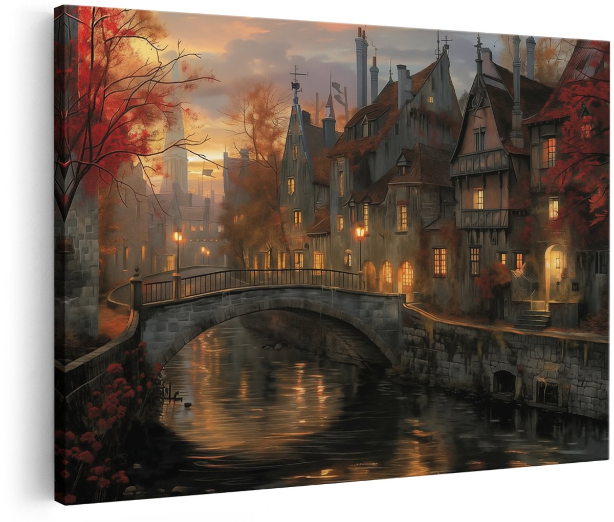 Artaza Canvas Schilderij Stad in de Schemering - 150x100 cm - Groot - Wanddecoratie Woonkamer - Schilderijen - Muurdecoratie