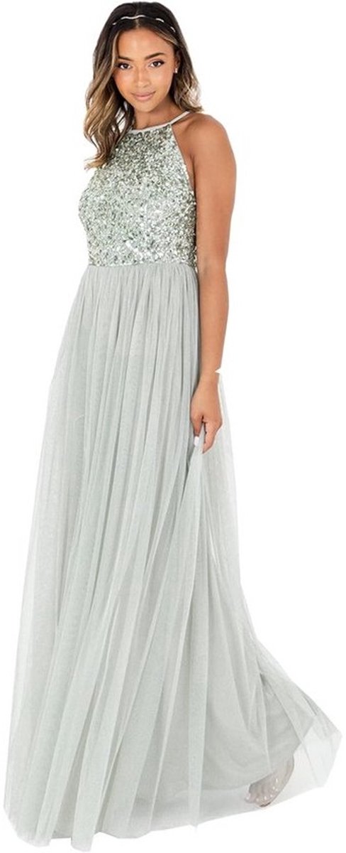 Maxi jurk met sierstenen en halsband - Mouwloos - Tule rok - Voor bruiloften en avondfeesten