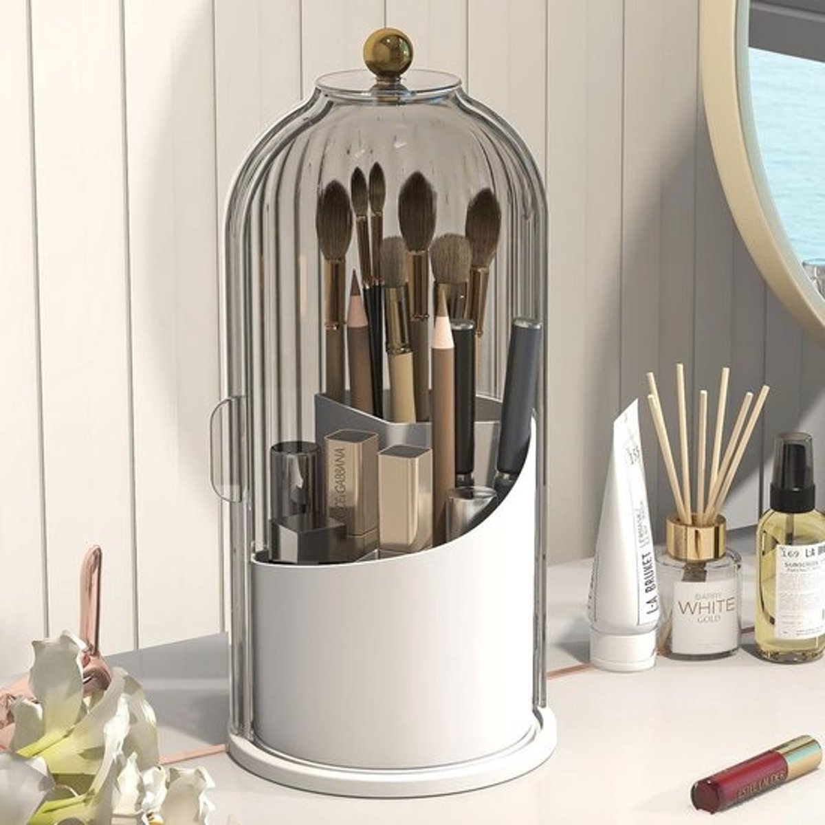 360° Roterende Make-up Borstelhouder met Stofdichte Hoes – Ideaal voor Badkamer en Ijdelheid