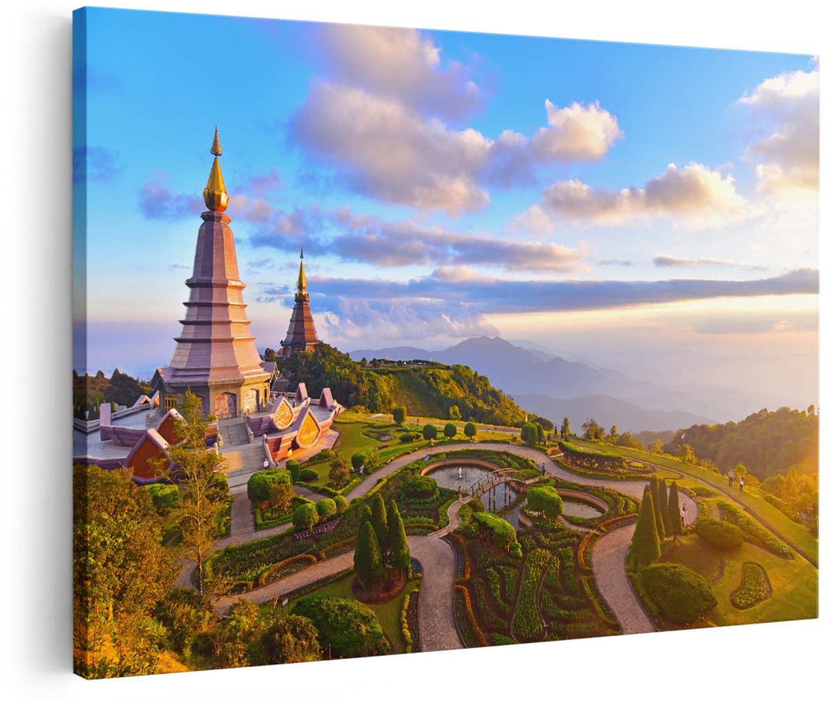 Artaza Canvas Schilderij Pagode Tempels in de Inthanon Berg in Thailand - 150x100 cm - Groot - Foto Op Canvas - Wanddecoratie