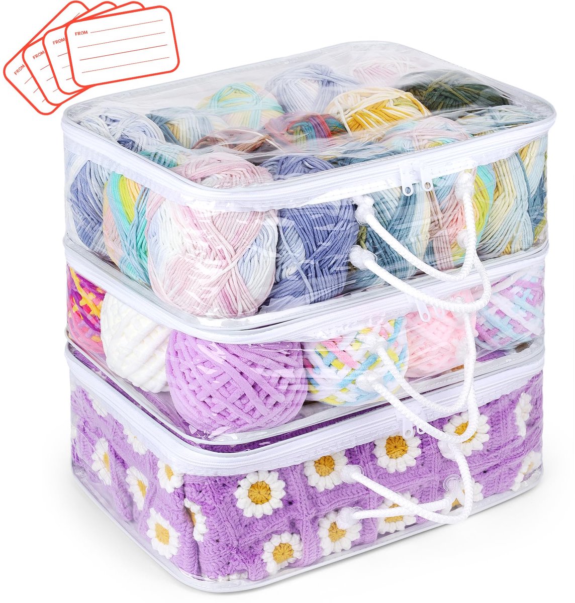 Transparante Wol Opberg Organizer - 3 Stuks - Met Rits, Handvat en 4 Etiketten - PVC - Wit - 40 x 30 x 15 cm