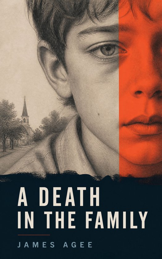 Boekomslag met de titel 'A Death in the Family' van James Agee. Een kindergezicht, deels getekend, deels geschilderd in oranje.