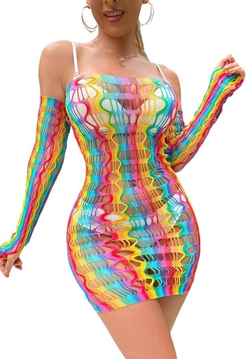 Vrouwen Sexy Lingerie Set Visnet Bodysuit Nachtkleding met Regenboog Kleur