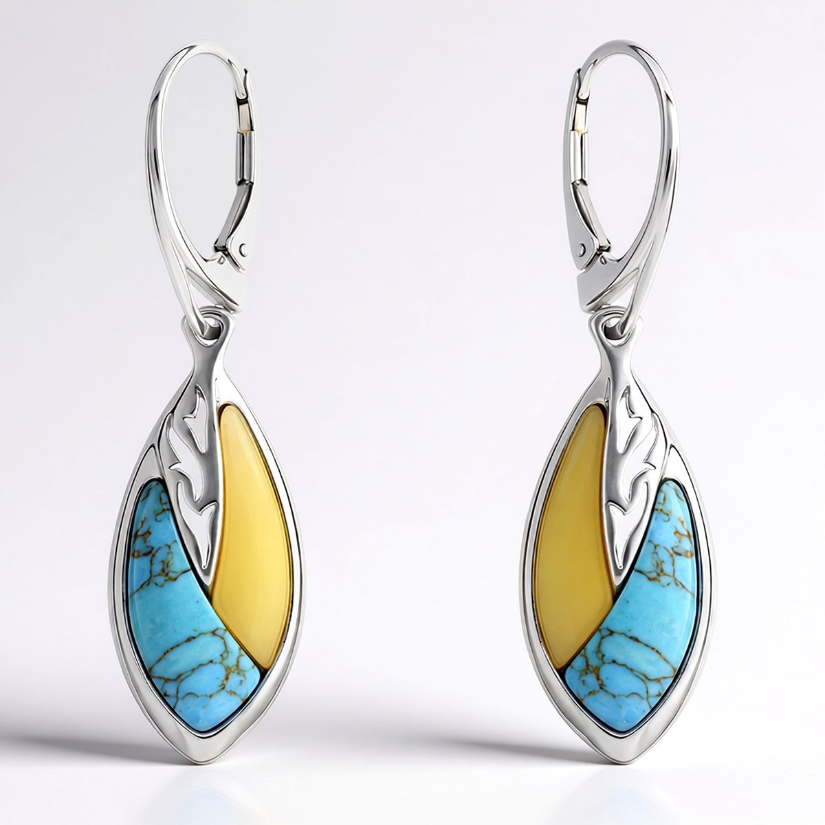Cavill - Zilveren Oorbellen met 4,86 ct Baltische Barnsteen & Turkoois - 925 Sterling Zilver Gerhodineerd - Elegant & Tijdloos