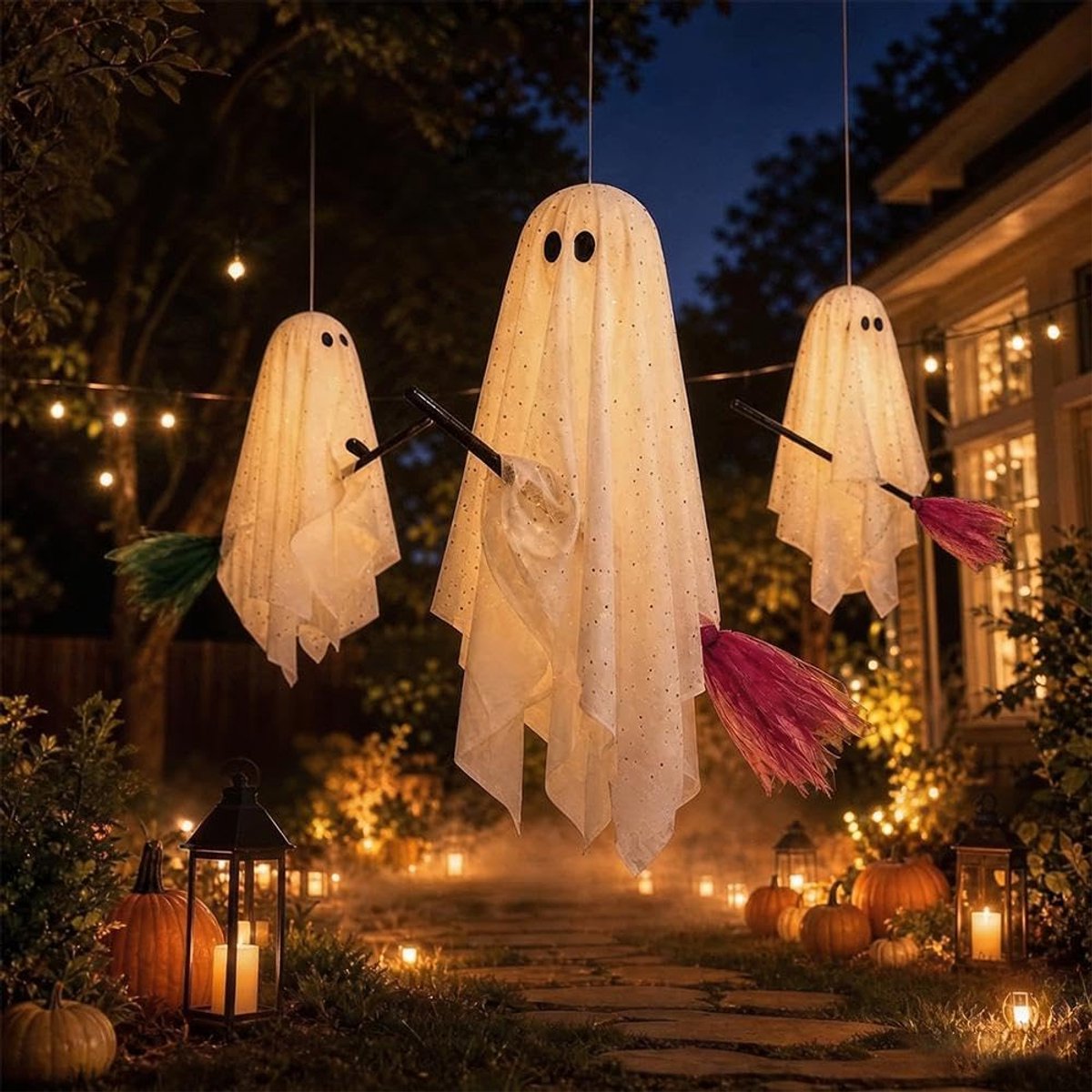 Halloween-bezemgeesten - ingebouwd warm licht - voor feestelijke sfeer - voor tuin, portaal en binnen - gloeiende hangers - voor feestliefhebbers - 3 stuks