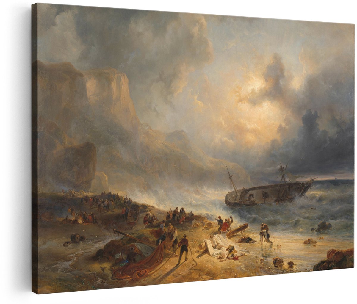 Artaza Canvas Schilderij Schipbreuk op een Rotsachtige Kust - Wijnand Nuijen - 180x120 cm - Groot - Kunst - Wanddecoratie Woonkamer