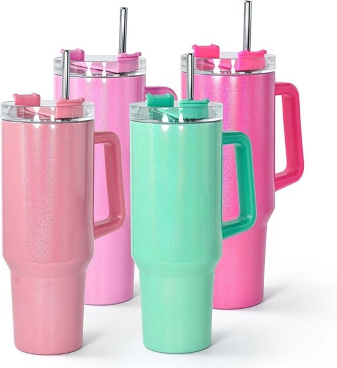 Set van 4 Shimmer Tumblers met Handvat, Dubbelwandig Geïsoleerd en RVS Rietje