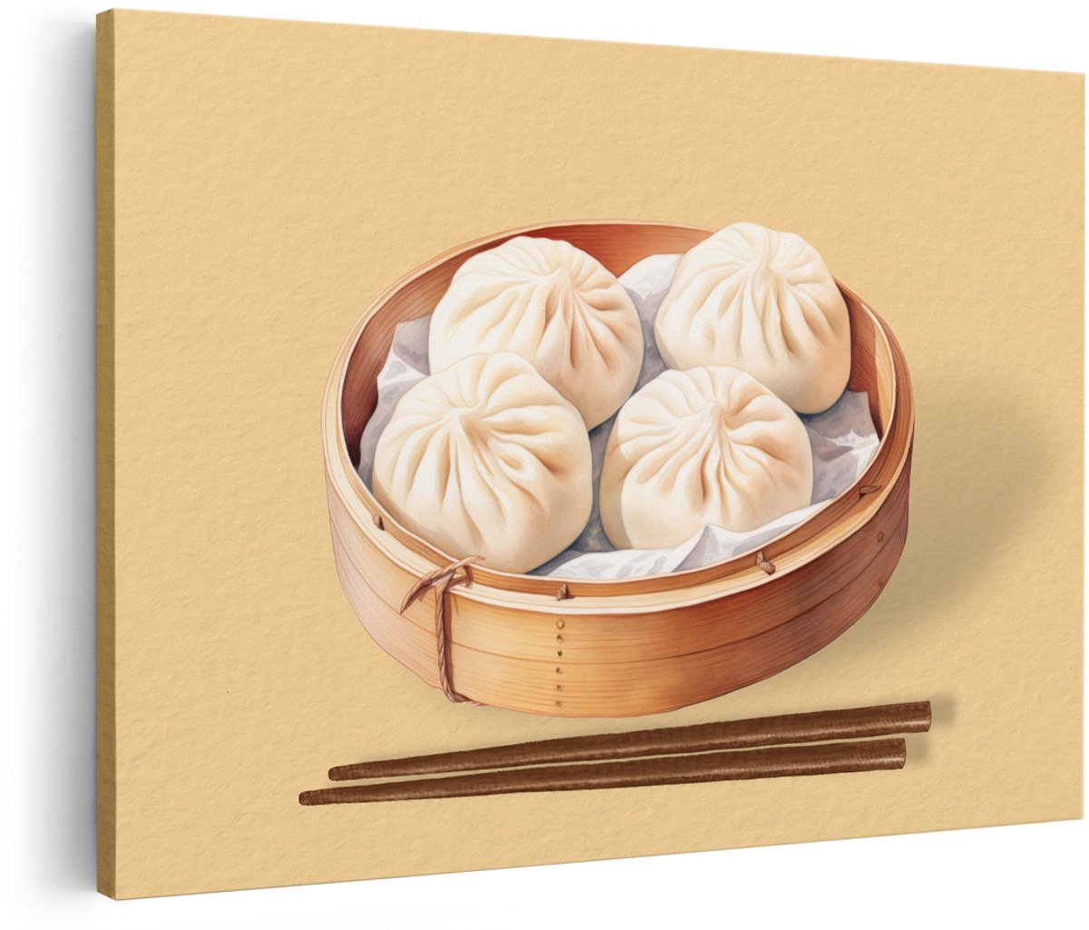 Artaza Canvas Schilderij Dumplings - 180x120 cm - Groot - Wanddecoratie Keuken - Muurdecoratie Aziatisch - Decoratie Bamboe Stoommandje