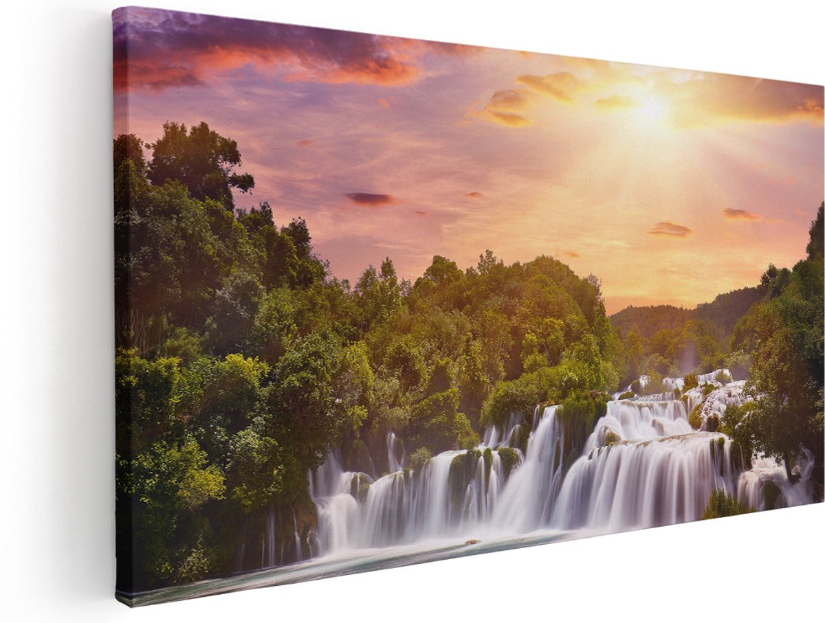 Artaza Canvas Schilderij Watervallen In Het Bos - 180x90 cm - Groot - Wanddecoratie Woonkamer - Schilderijen - Muurdecoratie