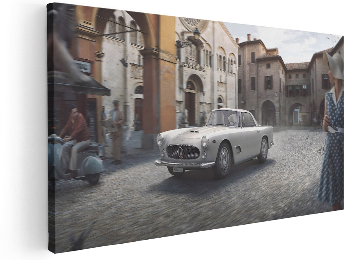 Artaza Canvas Schilderij Klassieke Auto - 180x90 cm - Groot - Wanddecoratie Italiaans Stadsplein - Muurdecoratie Retro - Schilderijen Op Canvas