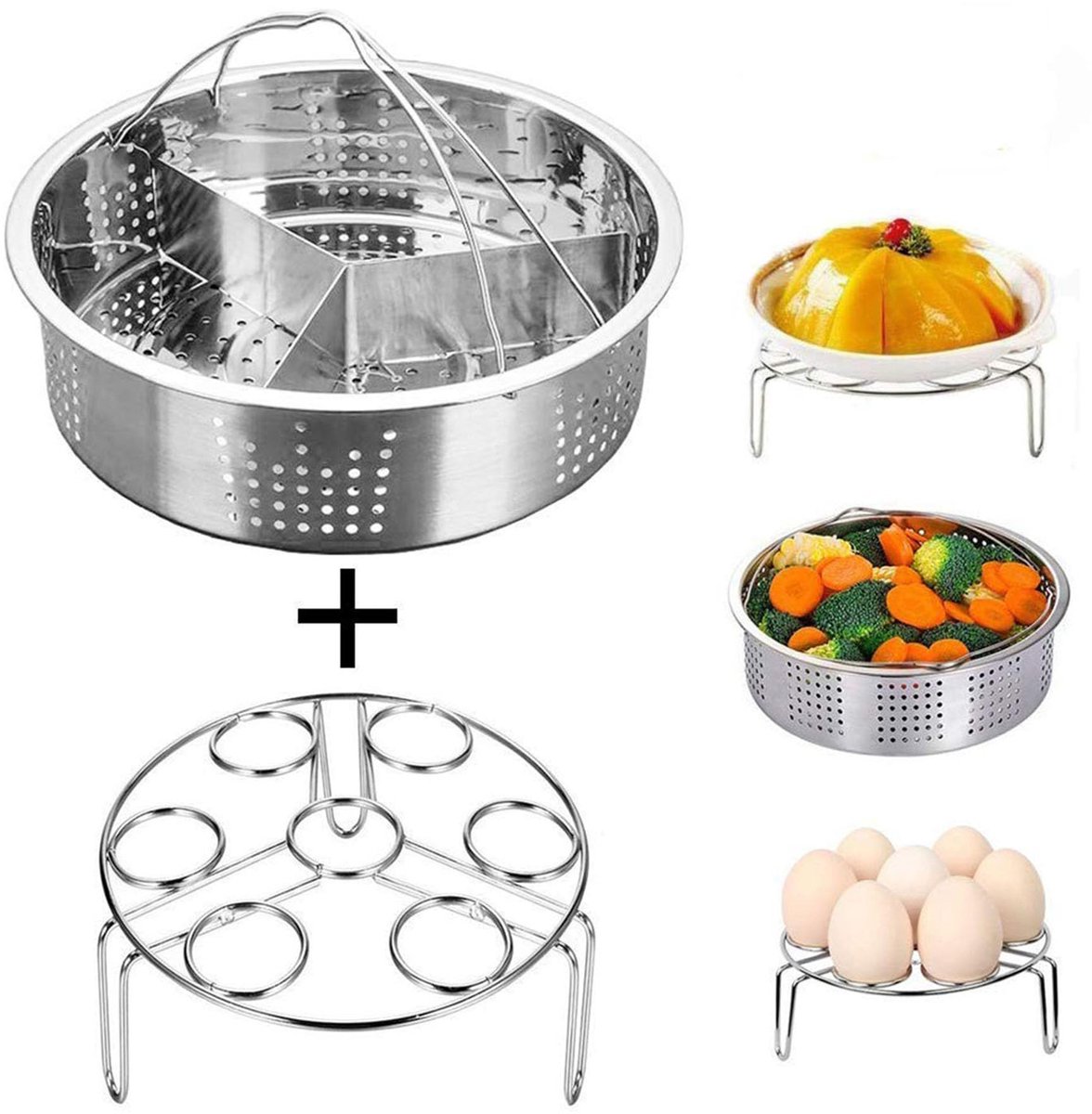 Dailygoods- Stoommandje Set van 3 - Roestvrij Staal - Eierstomerrek - Verdeler - Geschikt voor 5/6/8qt Snelkookpan - Gezondere Kookmethode - Stoomrek