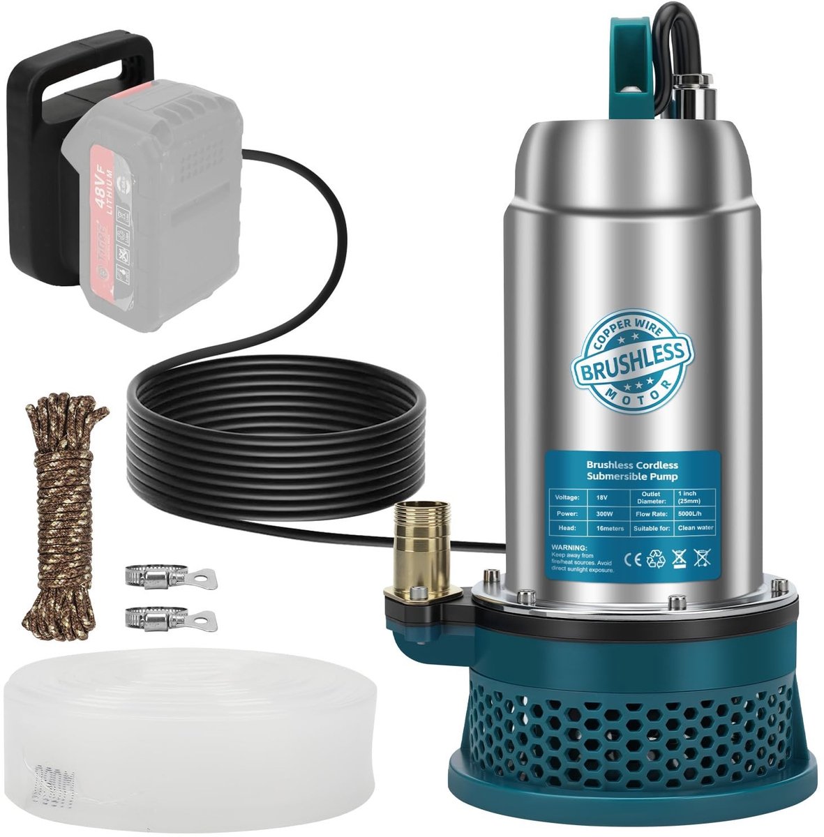 Dailygoods- Dompelpomp 5000 l/u - Draadloze Waterpomp - Borstelloze Motor 300 W - 10 m Slang - 5 m Verbindingskabel - Ideaal voor Zwembad/Tuinirrigatie