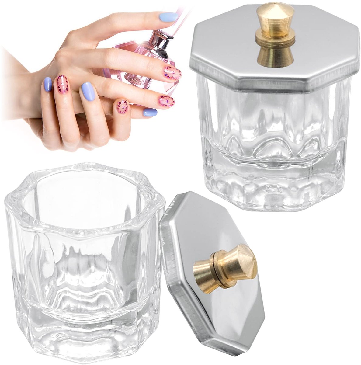 Dailygoods- Nagelpoederschaal 2 Stuks - Mini Glazen Dappen Dish - Roestvrij Stalen Deksel - Vloeistofcontainer - Handzaam voor Nagelkunst