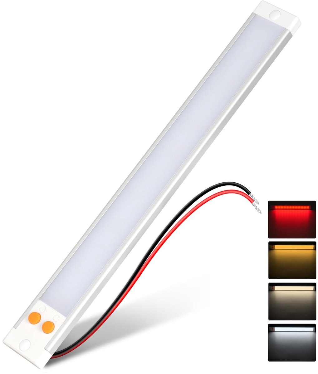 SnelShoppen - 12V LED Lichtbalk Aluminium met 3 Kleurtemperaturen (3000K/4000K/6000K) & Rood Nachtlicht, Strakke Lineaire LED-strip voor Camper, Carav