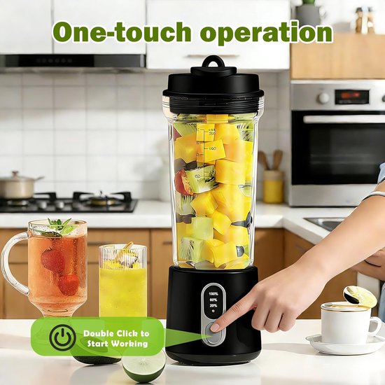 Draadloze Draagbare Blender in Zwart met 4 Mesjes, Inhoud en Complete Accessoireset - Oplaadbaar, voor Smoothies, Sappen & Onderweg — afbeelding 3
