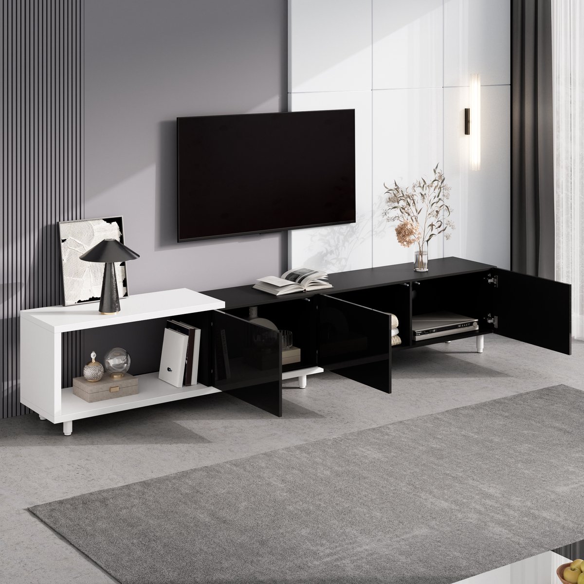 Uitschuifbare tv meubel - lage kast - met 3 hoogglansdeuren - metalen poten - stille scharnieren - modern design - zwart