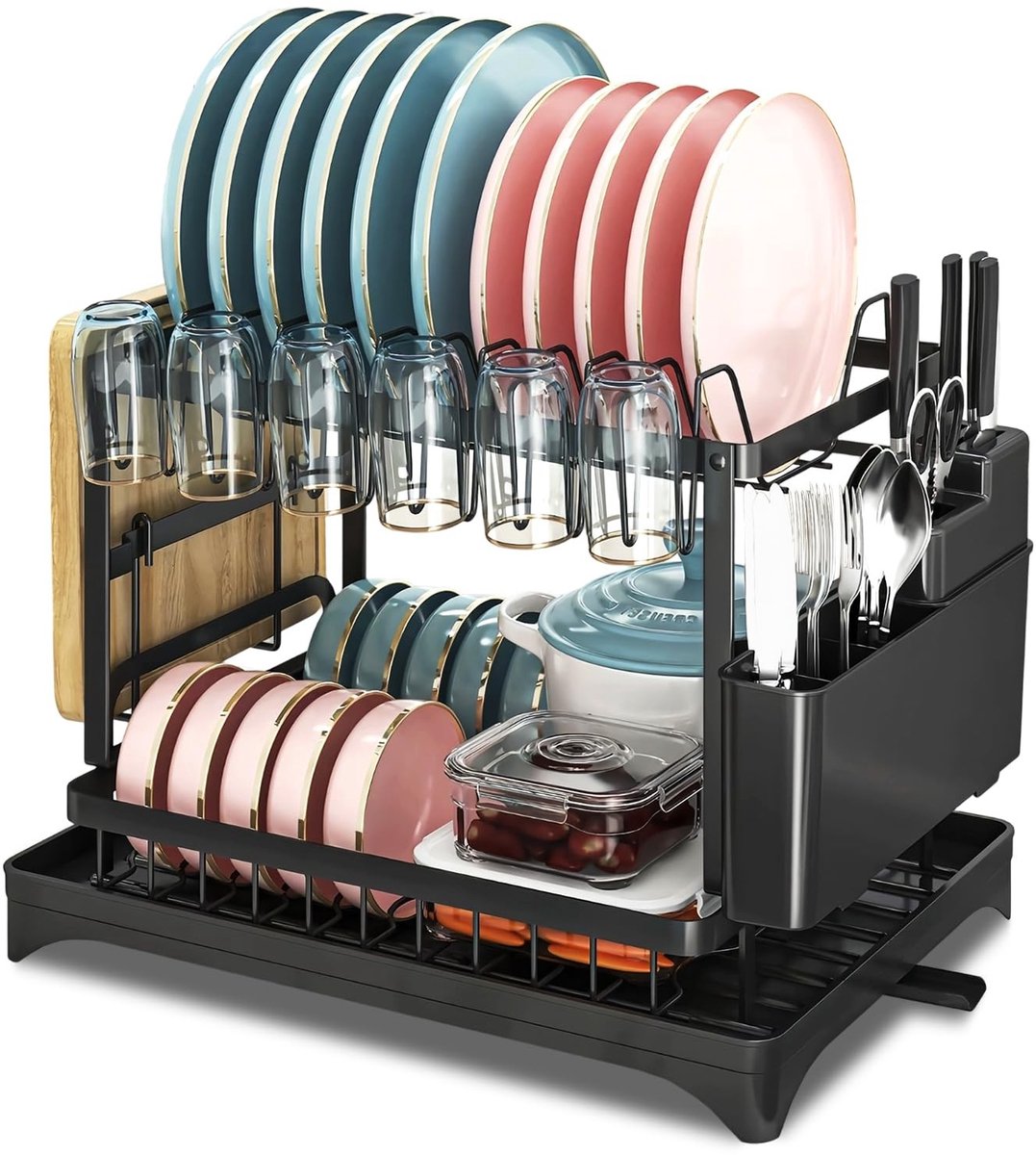 Dailygoods - Dubbel Laags Afwasrek voor Keuken - Zwart met Bekerhouder