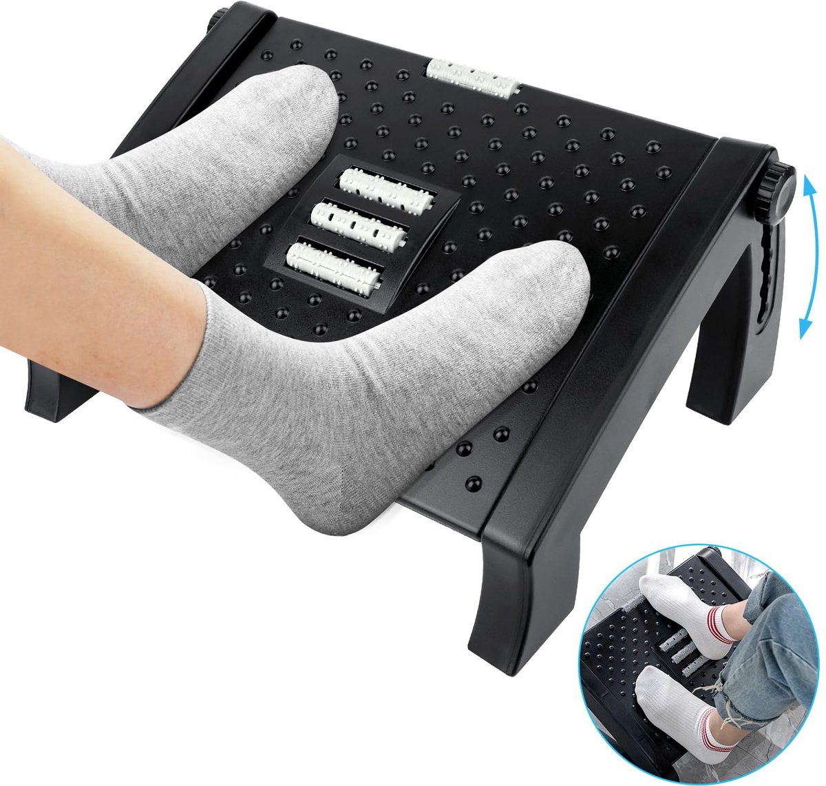 SnelShoppen - Voetsteun Bureau met Massagefunctie, Ergonomische Voetensteun, 6 Hoogtes Verstelbaar, Antislip Voetenbank voor Kantoor en Thuis, Zwart