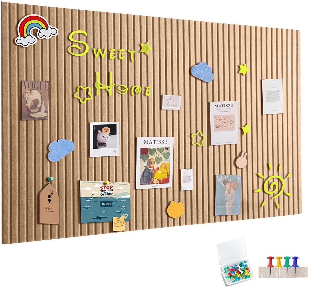 Dailygoods - 90 x 60 cm Vilten prikbord - Zelfklevend met 30 punaises in langan geel