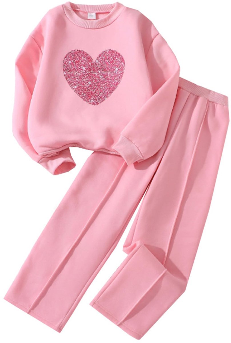 SnelShoppen - 2 Stuks Meisje Sweatshirt Outfit Hartprint Pullover Trainingspak Peuter Fleece Lange Mouw Kleding Broek Set Roze voor Leeftijd 8-12 Jaar