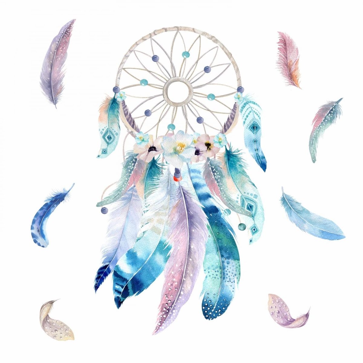 Dailygoods - Muurtattoo Dromenvanger Blauw met Veren - Muurdecoratie voor Kinderkamer