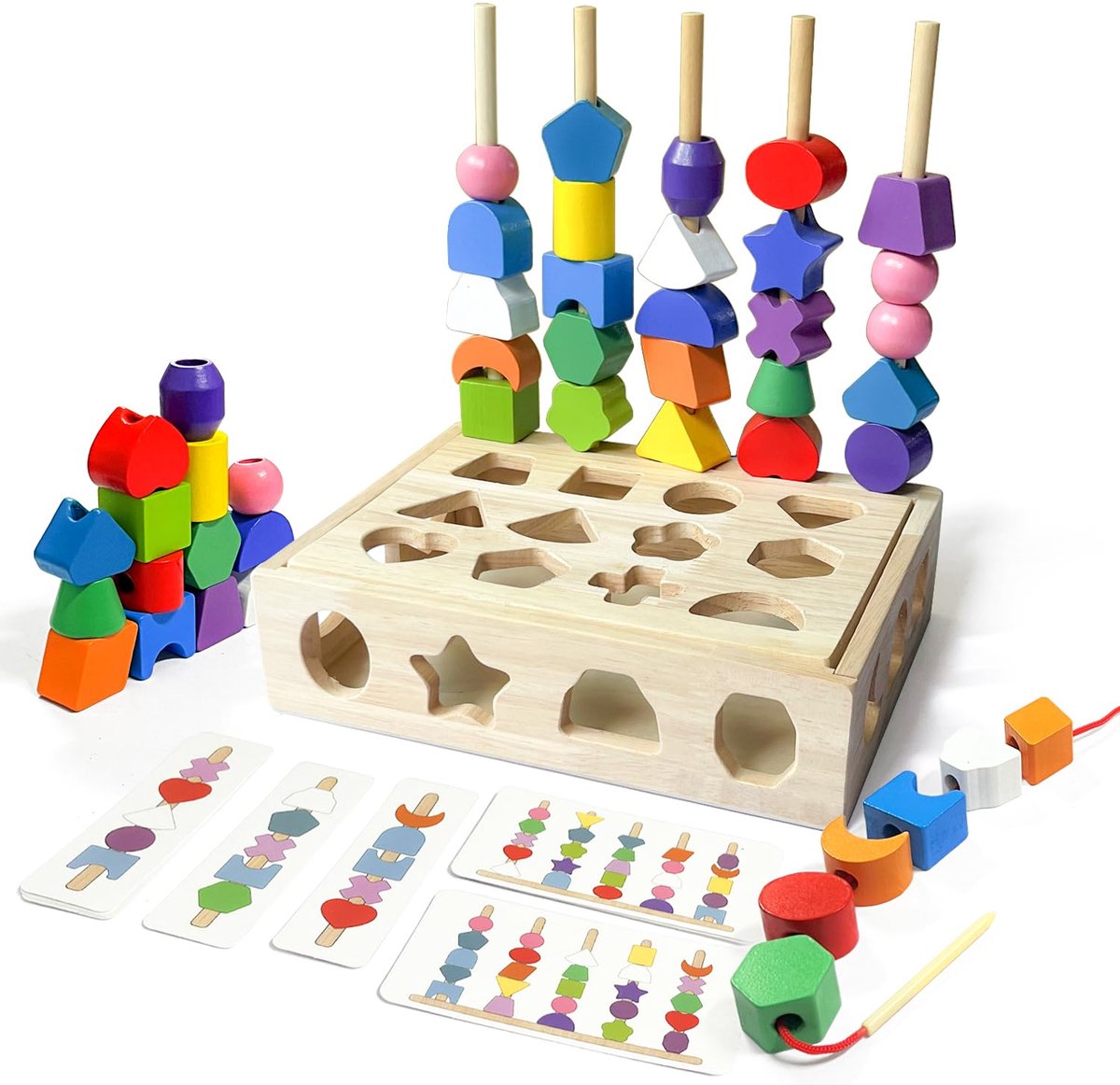 Dailygoods- Speelgoedset Houten - Montessori - Rijgspel/Kralen - Sorteerspel - Probleemoplossend - Educatief - 21,5 x 16 x 22,7 cm - Educatief Speelgoed