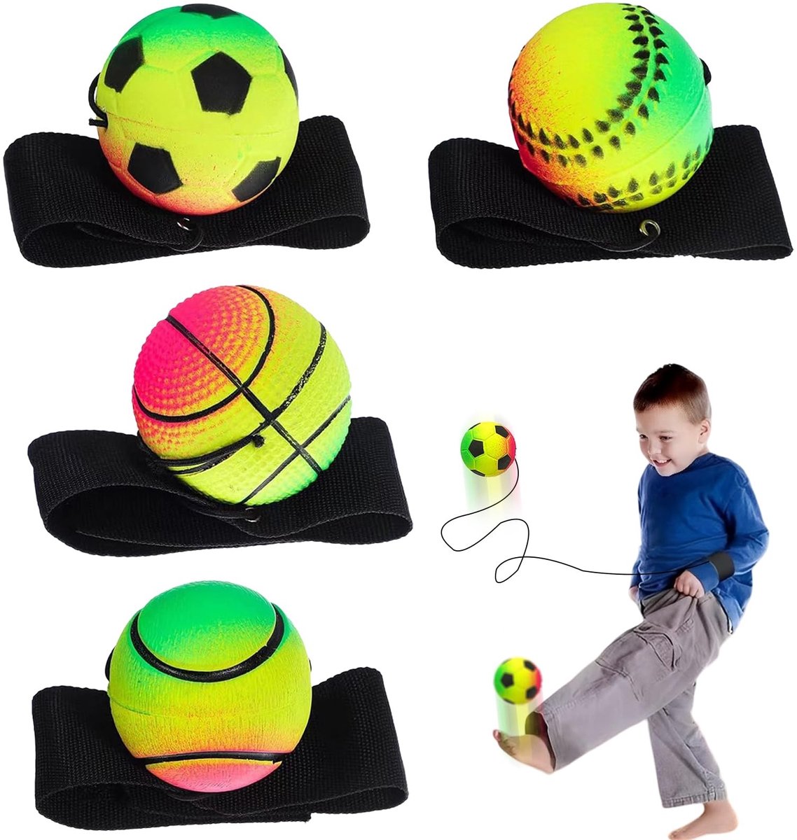 Dailygoods- Springbal met Koord - 8 Stuks - Ø 47 mm - Terugkeerbal - Voor Kinderen/Volwassenen - Buitenspeelgoed - Elastiek