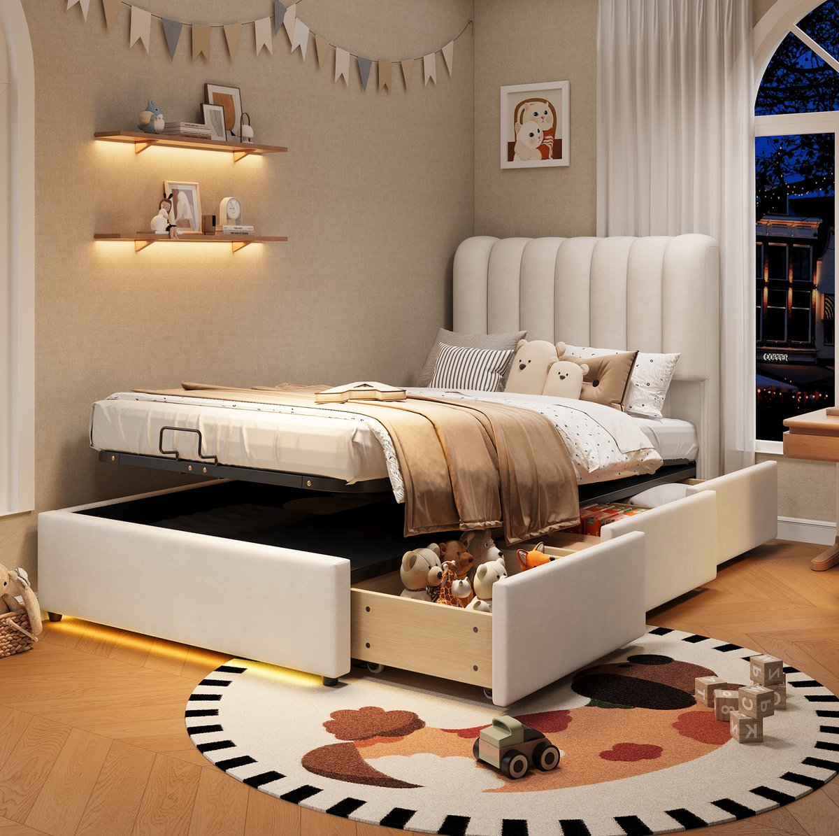 MODFU Kinderbed - Opbergruimte - 3 Lades - Ledverlichting - Velvet - Beige - 90 X 200 Cm