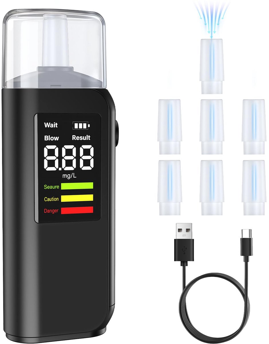 SnelShoppen - Hochpräziser Alcoholtester - Professioneel Promillemeetapparaat met Digitale LED-Weergave, Type-C Oplaadbaar, 8 Mundstukken, Geschikt vo