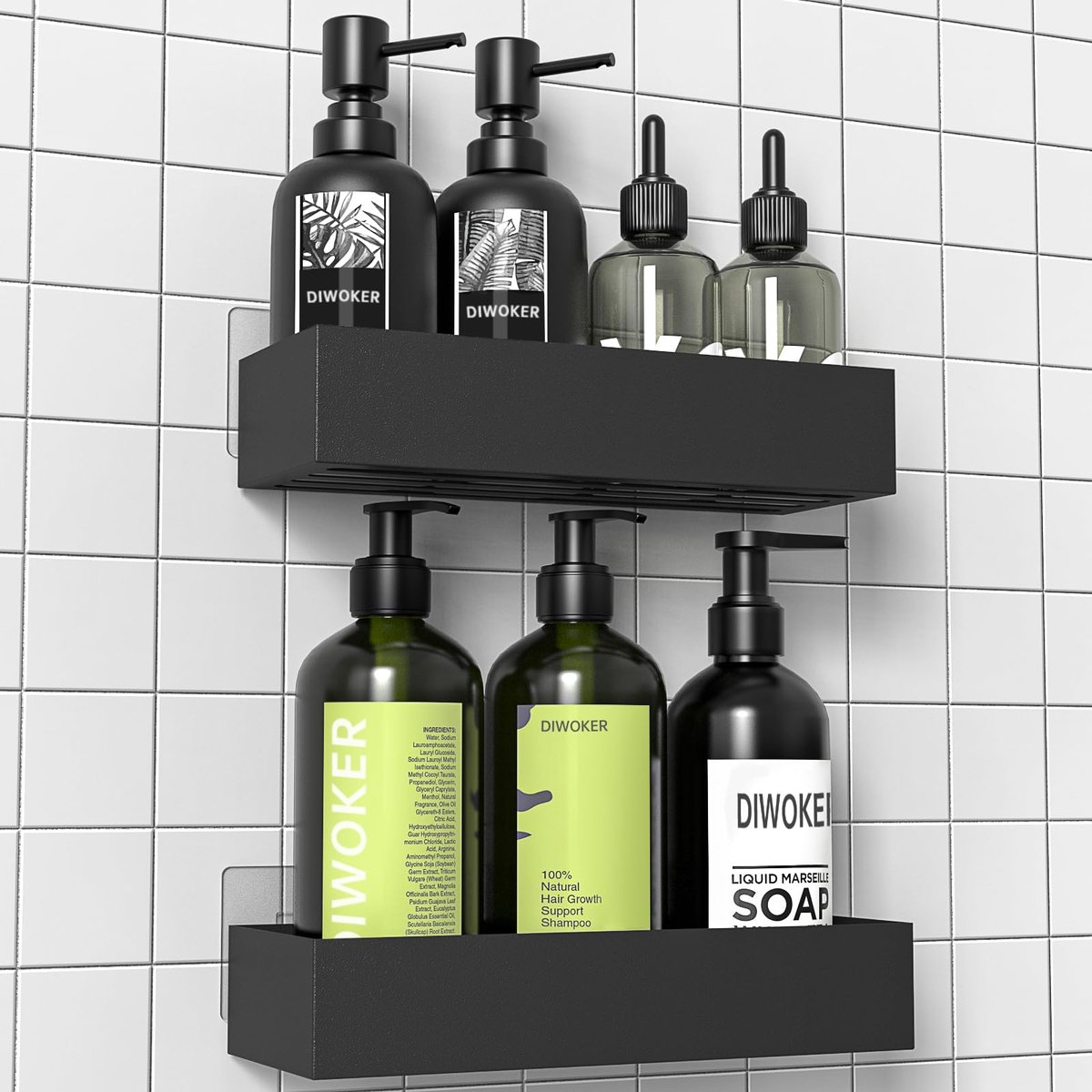 SnelShoppen - Doucheplank zonder Boren - Badkamerrek Zwart - 2 Stuks - Makkelijk Te Monteren - Ideaal Voor In De Douche Of Badkamer