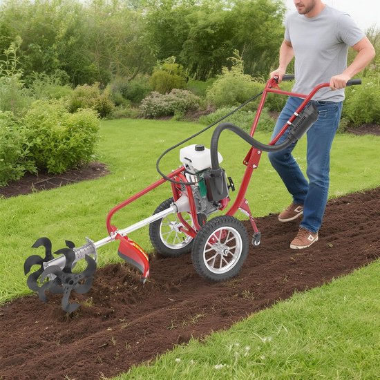 Tuinfrees Benzine - Motorhak Cultivator - Bodem Bewerken Tuin - 63cc 4-Takt Motor - 10cm Werkbreedte - Rood Zwart van Merkloos	 — afbeelding 3