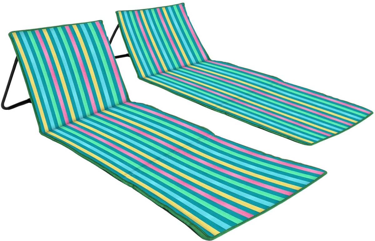 SnelShoppen - 2-Pack Opvouwbare Strandmat met Verstelbare Rugleuning - Lichte Draagbare Ligstoel met Ritszak en Schouderriem - Donkerveelkleurige Stre