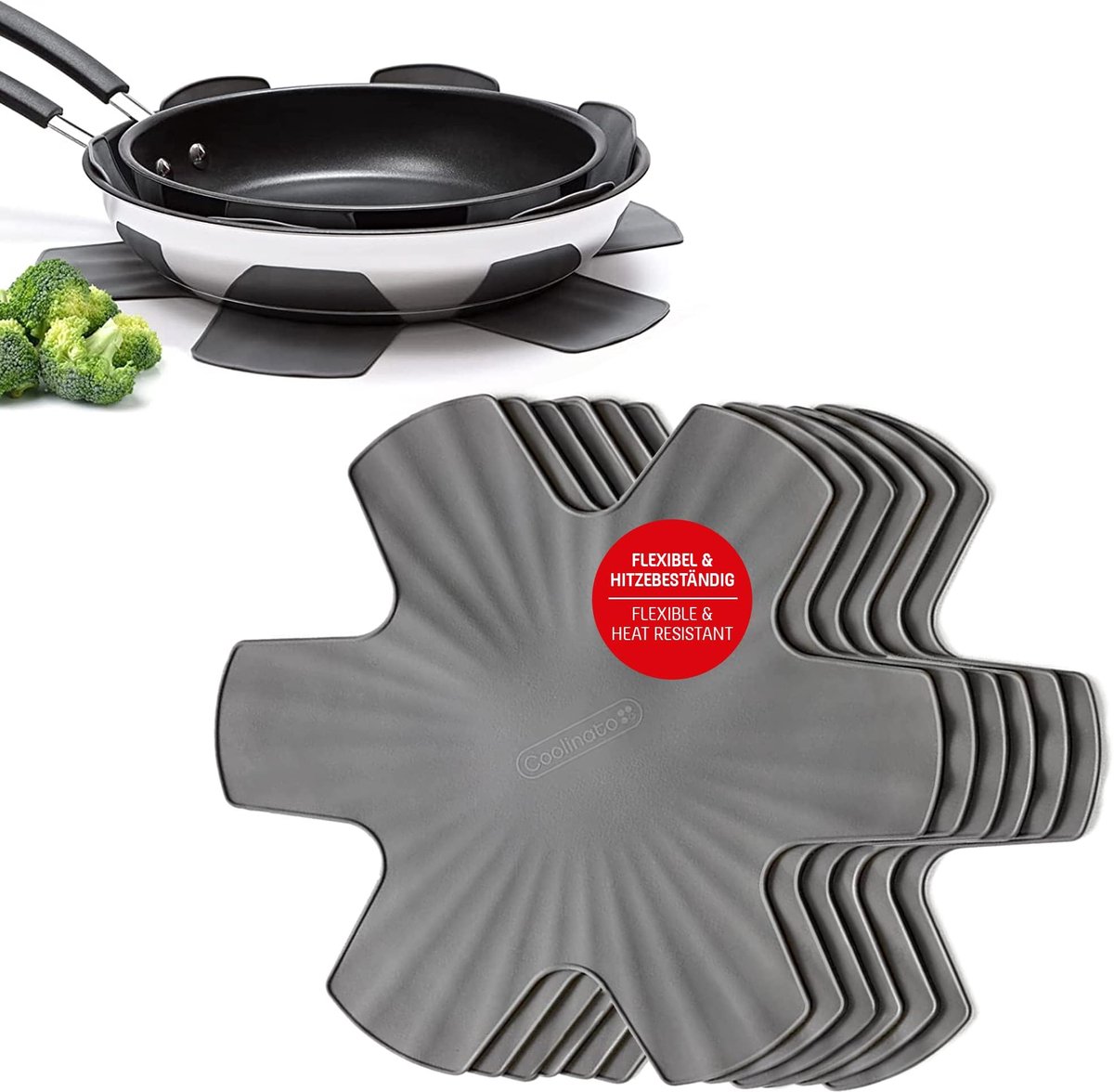 SnelShoppen - Coolinato Pannenbeschermer Siliconen, Set van 6, Ø 35 cm, Grijs, Keukenaccessoires, Antikleef, Bescherming voor Pannen, Kookgerei, Keuke
