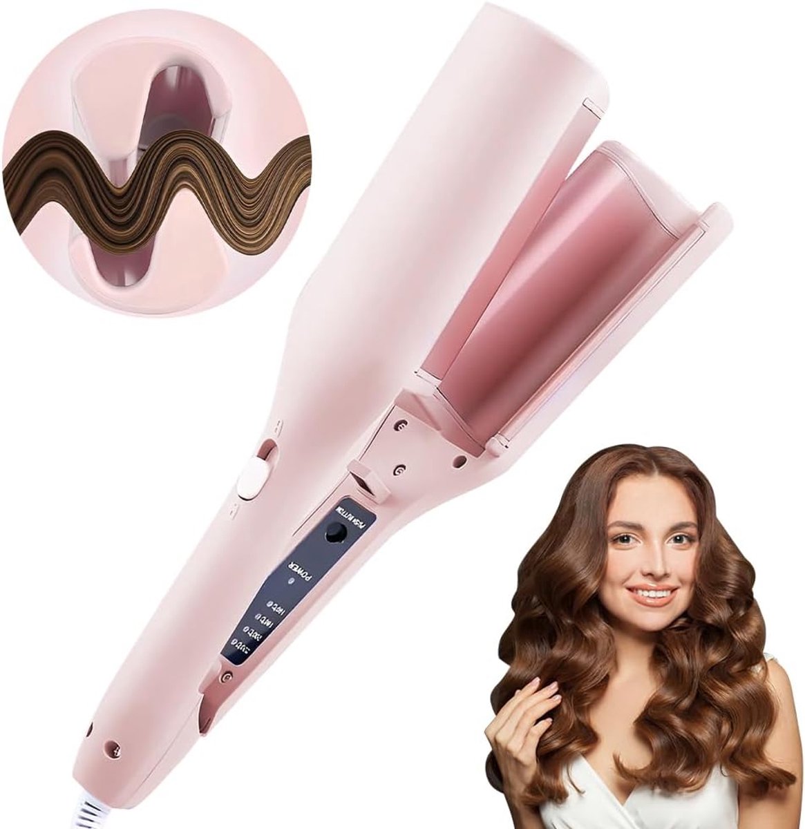 SnelShoppen - 32 mm Krultang voor Grote Krullen met 4 Instelbare Temperaturen, Reisformaat Beach Waves Krultang in Pink voor Alle Haartypes - Draagbar