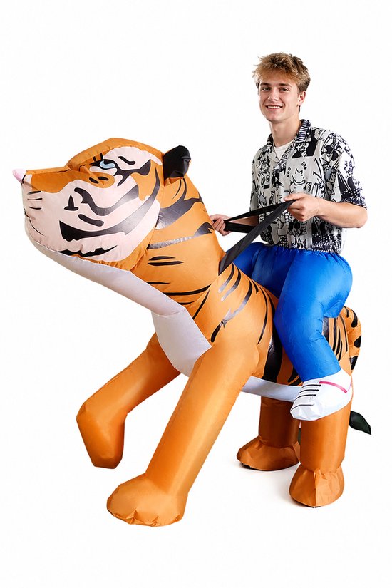 KIMU® Opblaas Kostuum Zittend Op Siberische Tijger - Opblaasbaar Pak - Tijgerpak Mascotte Opblaaspak - Opblaasbare Leeuw Safari Dames Heren Festival