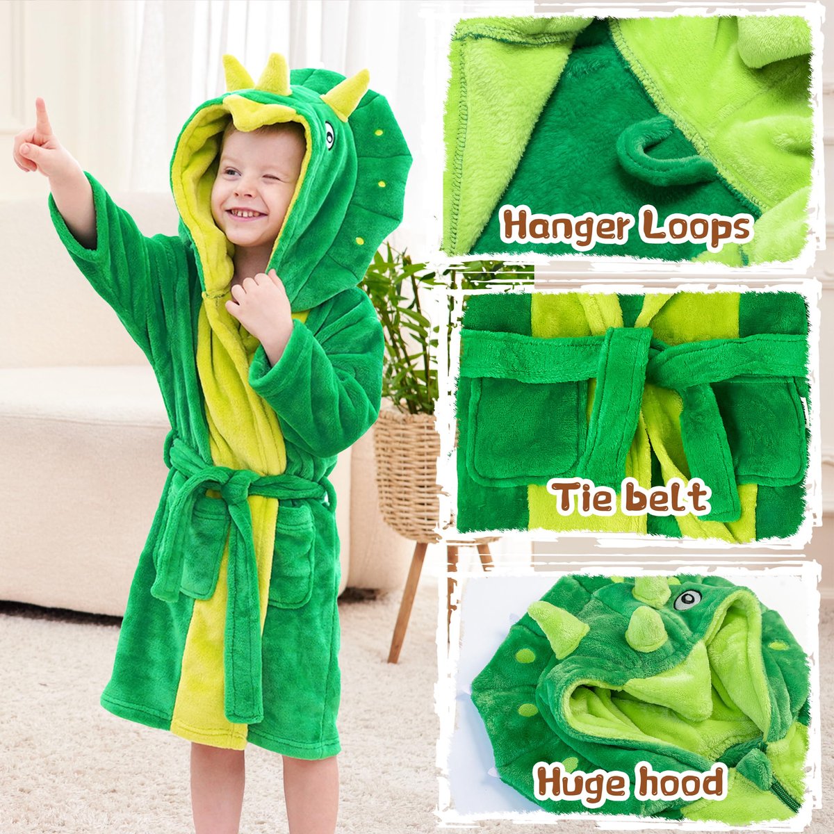 SnelShoppen - Fleece Kamerjas voor Kinderen, Triceratops Pluche Badjas met Capuchon, Groene Triceratops, Maat L (6-8 jaar) voor Feest, Verjaardag en T