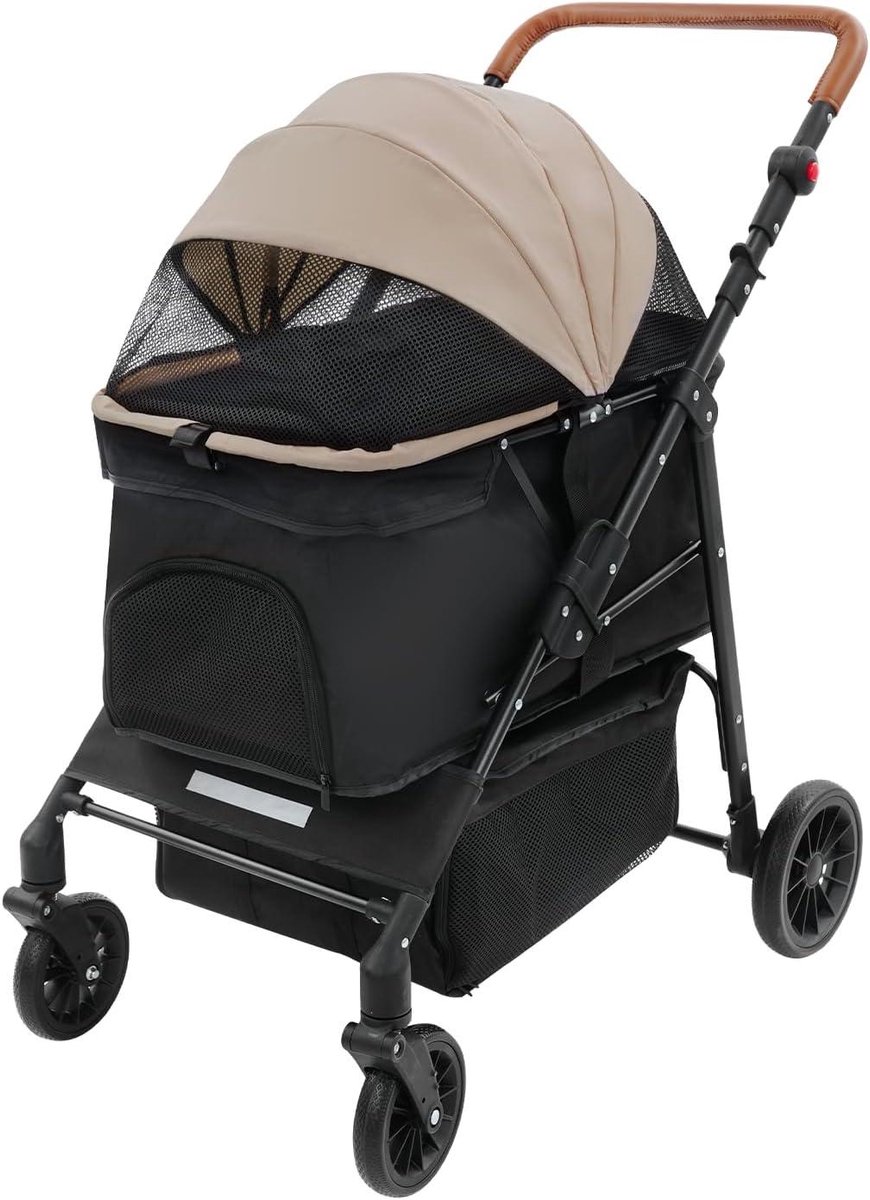 Huisdierwagen - Hondenbuggy - Veilig Transport - Dubbele Verdieping - Tot 15 kg - Zwart Kaki