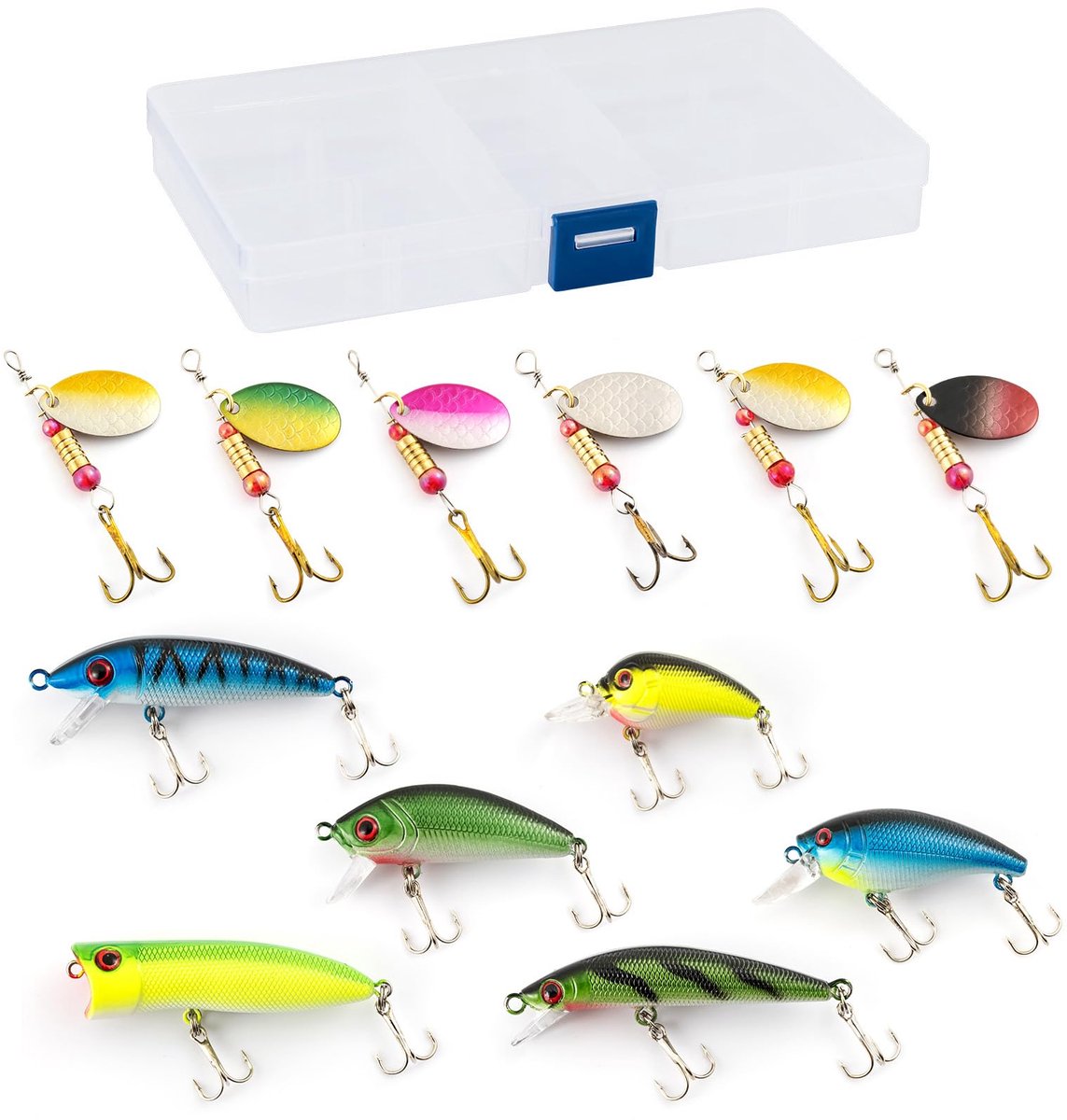 SnelShoppen - Set van 12 Spinnerbait Visaas met Visbox - Indiana Blade Topwater Spinnerbaits voor Forel, Baars, Zoetwatervissen - Perfect voor Vissers