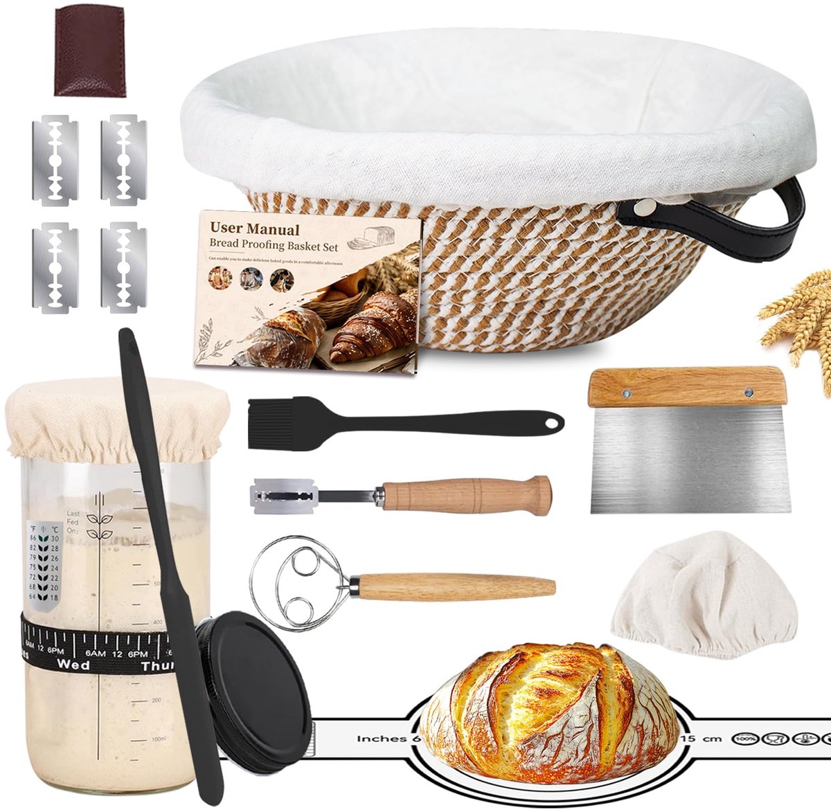 SnelShoppen - Zuurdesem starterset rond 700 ml, zuurdesemglas met katoenen touw en voering, ideaal voor bakkers en volkorenbrood, perfect cadeau voor