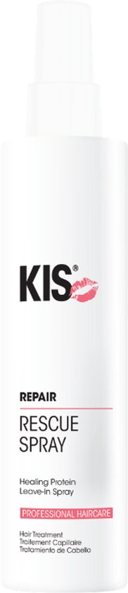 Witte sprayfles van KIS met de tekst 'REPAIR RESCUE SPRAY' en 'Healing Protein Leave-In Spray'.