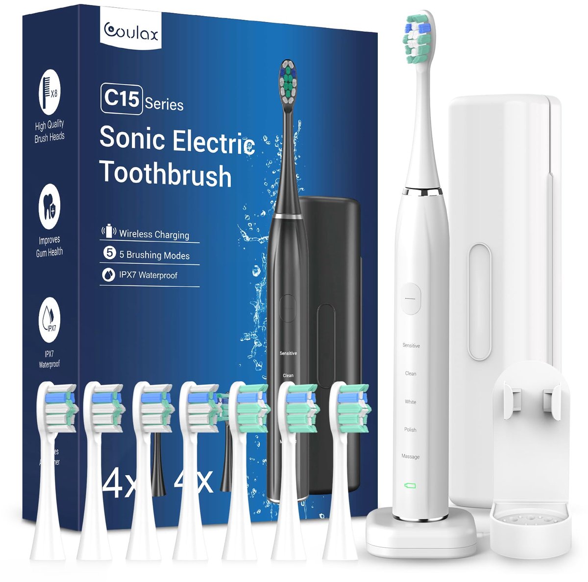 SnelShoppen - Sonic Elektrische Tandenborstel Volwassenen - 8 Borstelkoppen - Met Tandenborstelhouder en Reisetui - Wit - Ideaal voor Thuis en Reizen