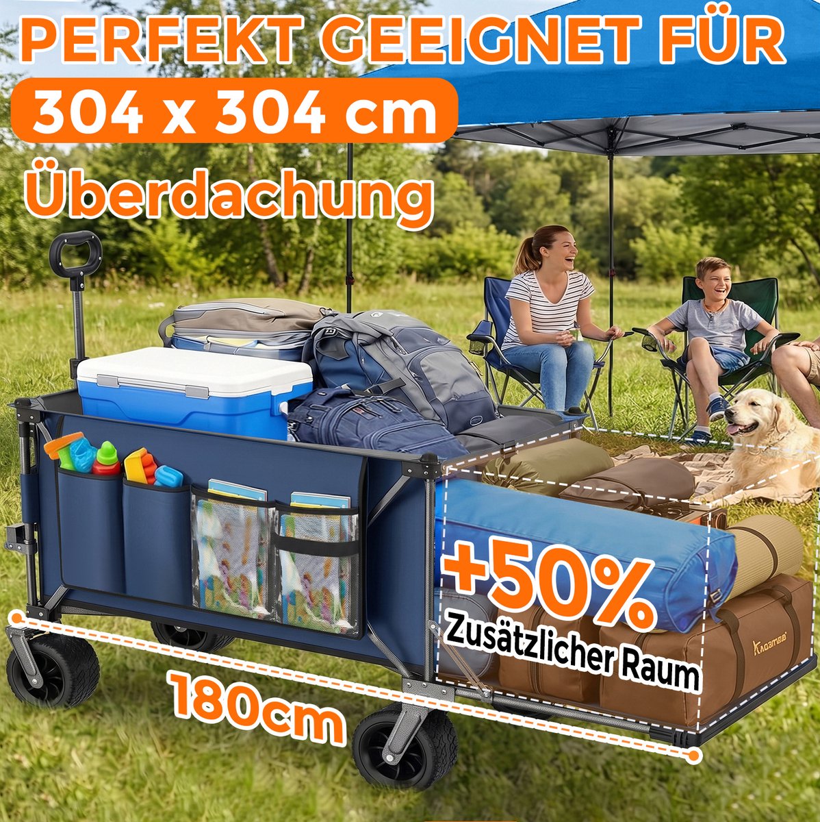 Opvouwbare Bolderkar Met Achterklep 180 Cm 420 L Staal Blauw Voor Tuin Boodschappen Strand En Outdoor Gebruik Terreinwielen