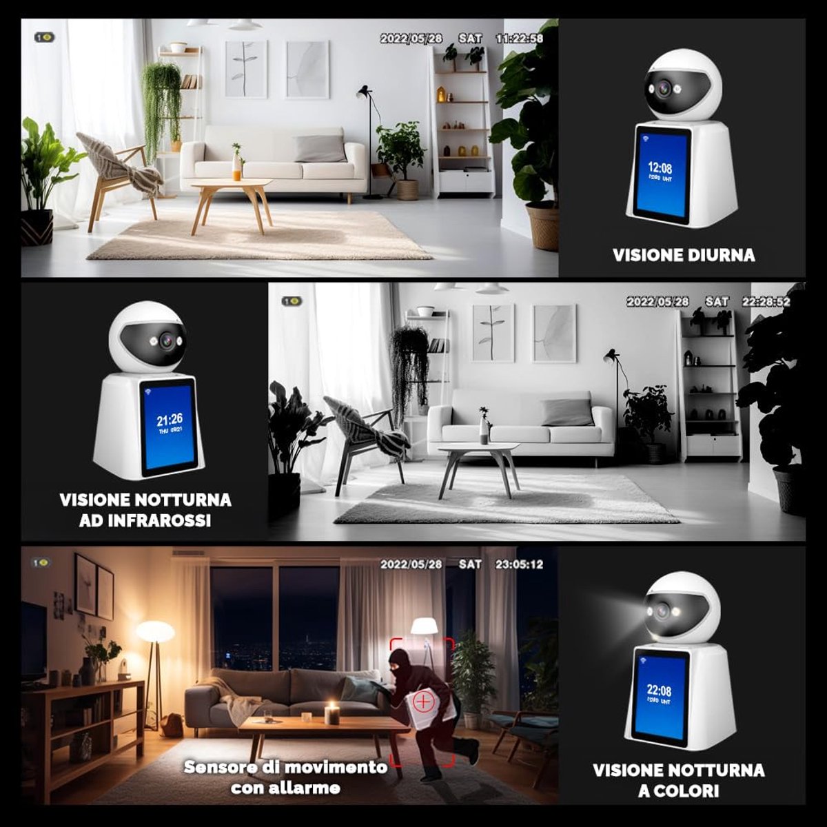 SnelShoppen - Beveiligingscamera met 2,8 inch HD-display, 2-weg audio, menselijke herkenning, infrarood, 360 graden panoramisch zicht, voor thuis en t