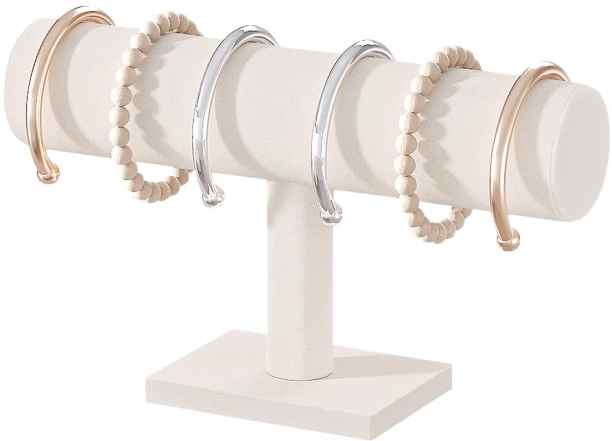 SnelShoppen - LongMen Armband Houder Standaard - Sieraden Display voor Armbanden, Kettingen en Horloges - Beige - 1 Laag Sieraden Organizer voor Thuis