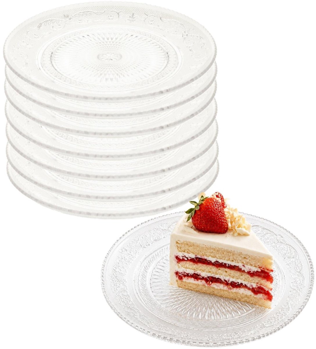 Excellen Houseware taart en gebakbordjes - 20x - kunststof - kristal ornament - transparant - Dia 15 cm