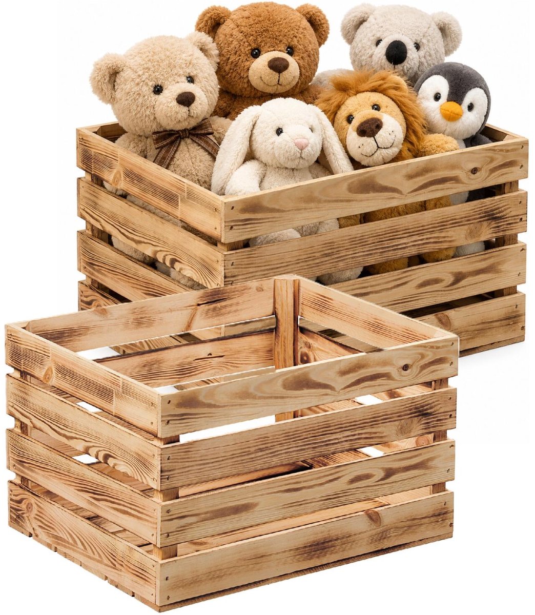 Atmosphera Fruitkistjes Classic opslagbox - 2x - old look - lichtbruin - hout - L47 x B36 x H28 cm - Decoratie huis en tuin - wandplank - opbergers