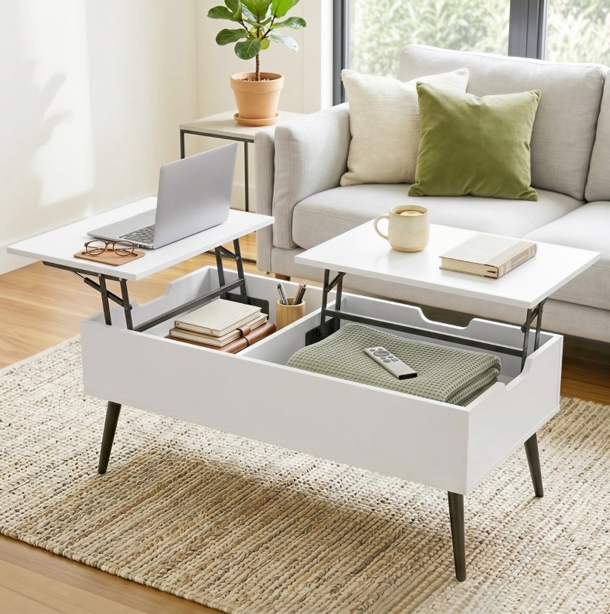 STILVORA Salontafel Hoogte Verstelbaar Met Verborgen Opbergruimte Voor Woonkamer Wit Hout 100x50x58 Cm
