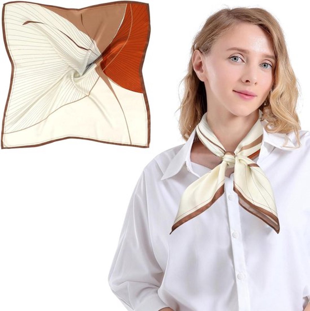 Zijden Dames Sjaal in Wit en Bruin - Luxe 100% Natuurlijke Zijde - Elegante Accessoire met Fijne Afwerking